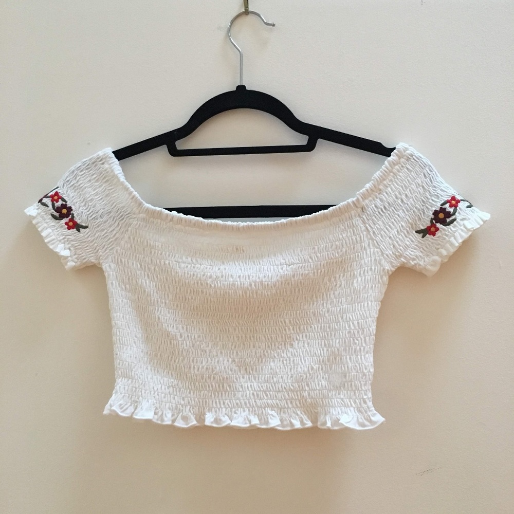 La Hearts Smocked Off-The-Shoulder Crop Top